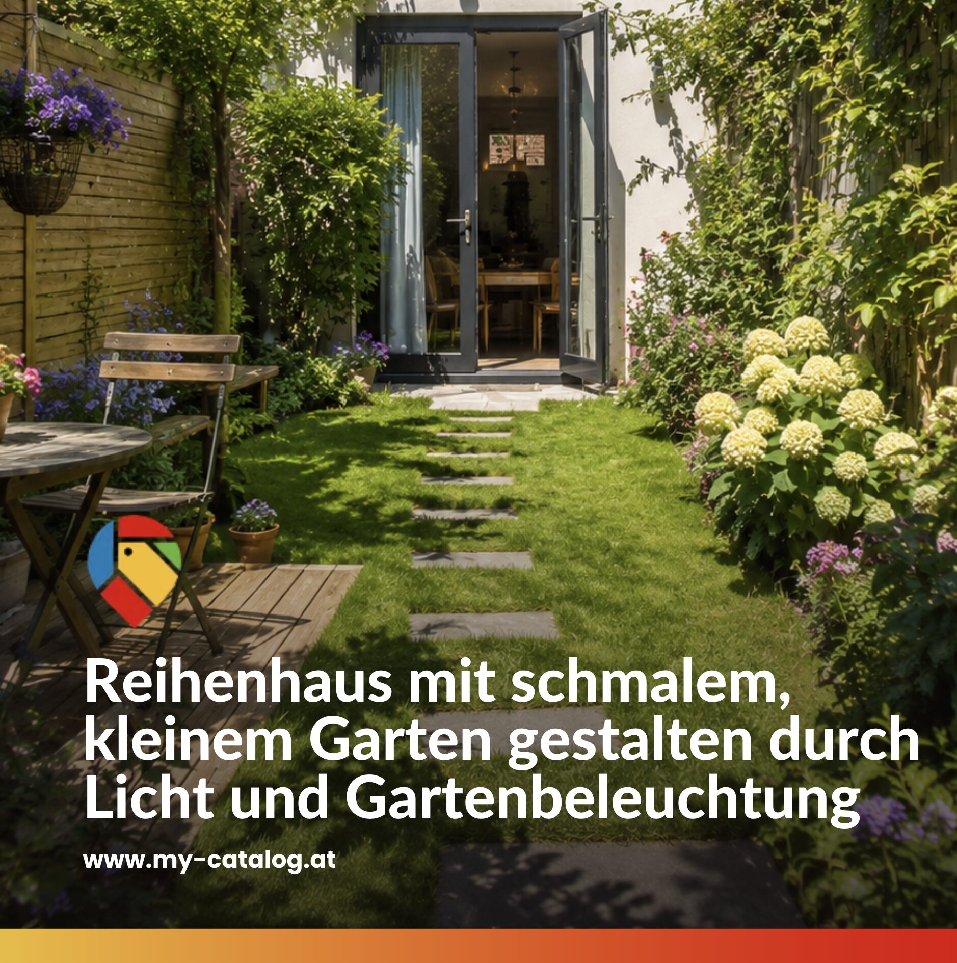 Reihenhaus mit schmalem, kleinem Garten gestalten durch Licht und Gartenbeleuchtung