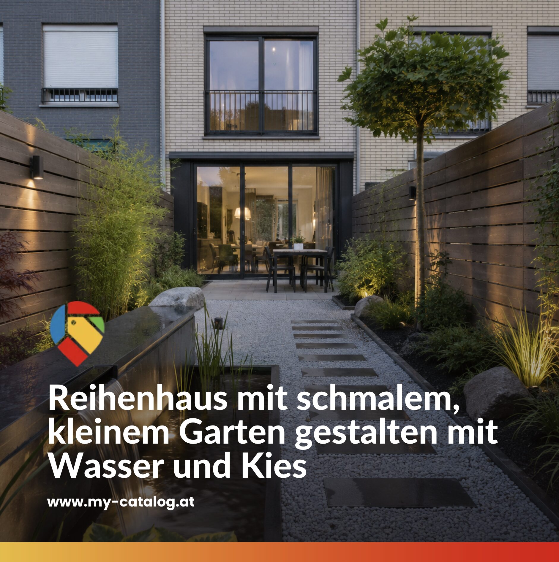 Reihenhaus mit schmalem, kleinem Garten gestalten mit Wasser und Kies